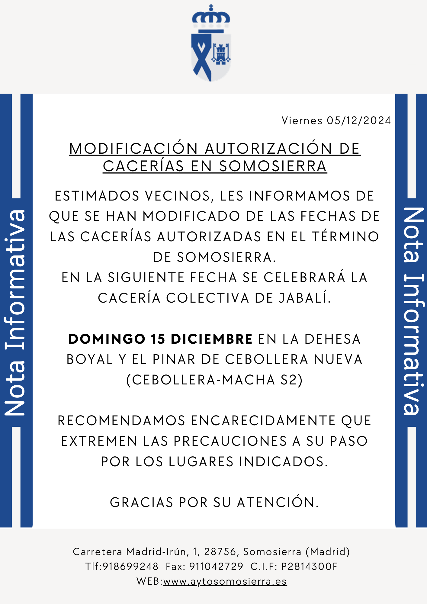 Nota Informativa Modificación cacerías